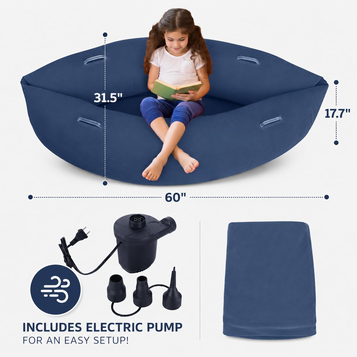 Silla sensorial inflable, 60 pulgadas, alivio sensorial para autismo para niños a partir de 3 años, tumbona portátil para leer, jugar y terapia, incluye bomba de aire eléctrica (azul)