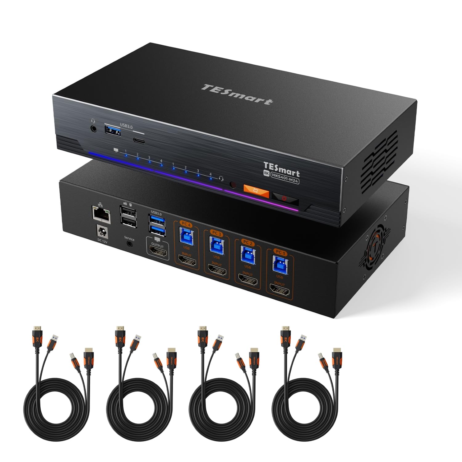 TESmart Pack KVM HDMI 8K@60Hz 4 PC 1 Moniteurs + Câble HDMI 2.1 Fibre Optique 10 m, 48 Gbit/s, 4K@144Hz, USB 3.0, EDID, Réseau Gigabit, HDCP 2.3