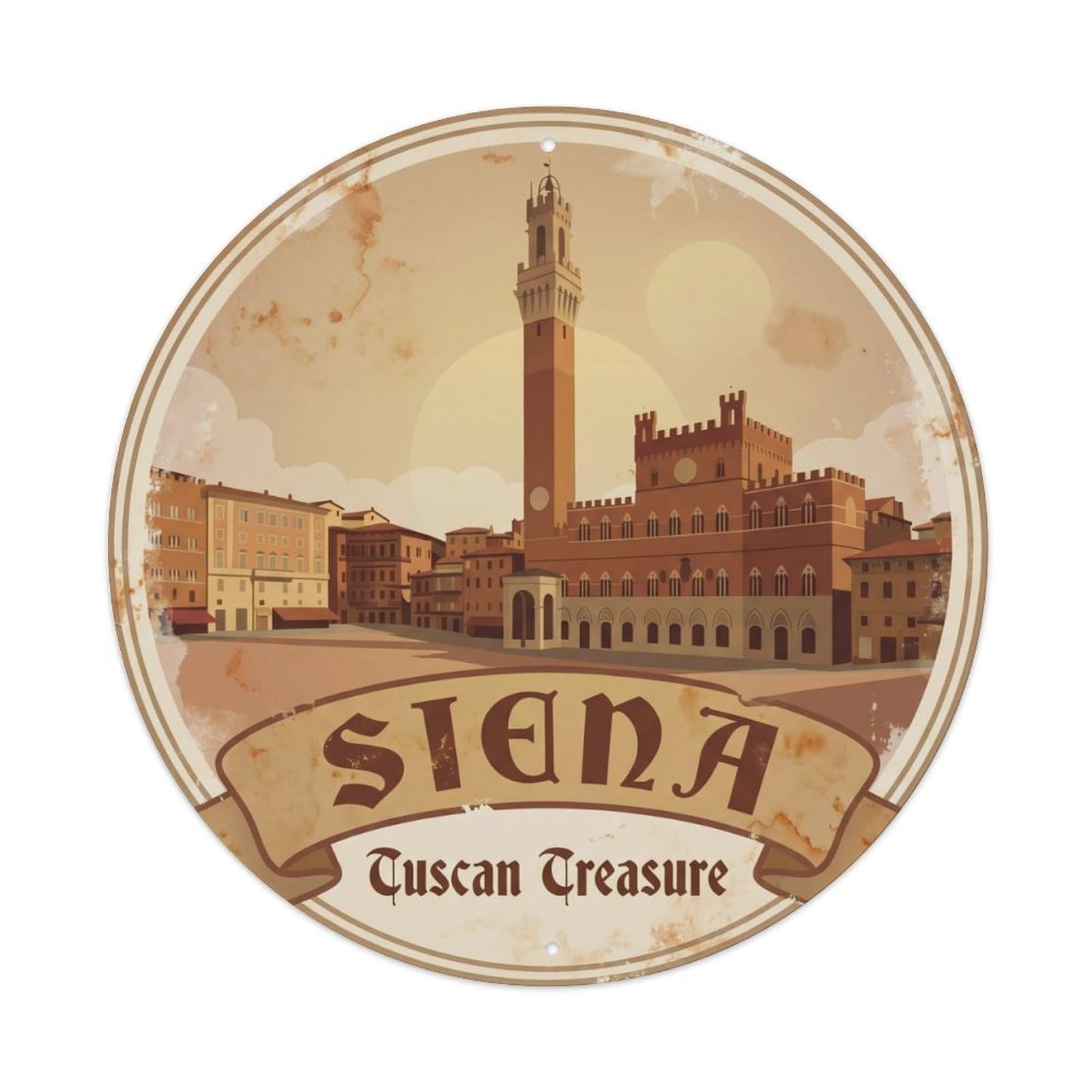 Vintage Travel Siena Medieval Tower Metal Tin Sign Plaque Wall Decor for Cafe, Club Bar, Office, Home Garden Round Metal Poster 8x8Inch