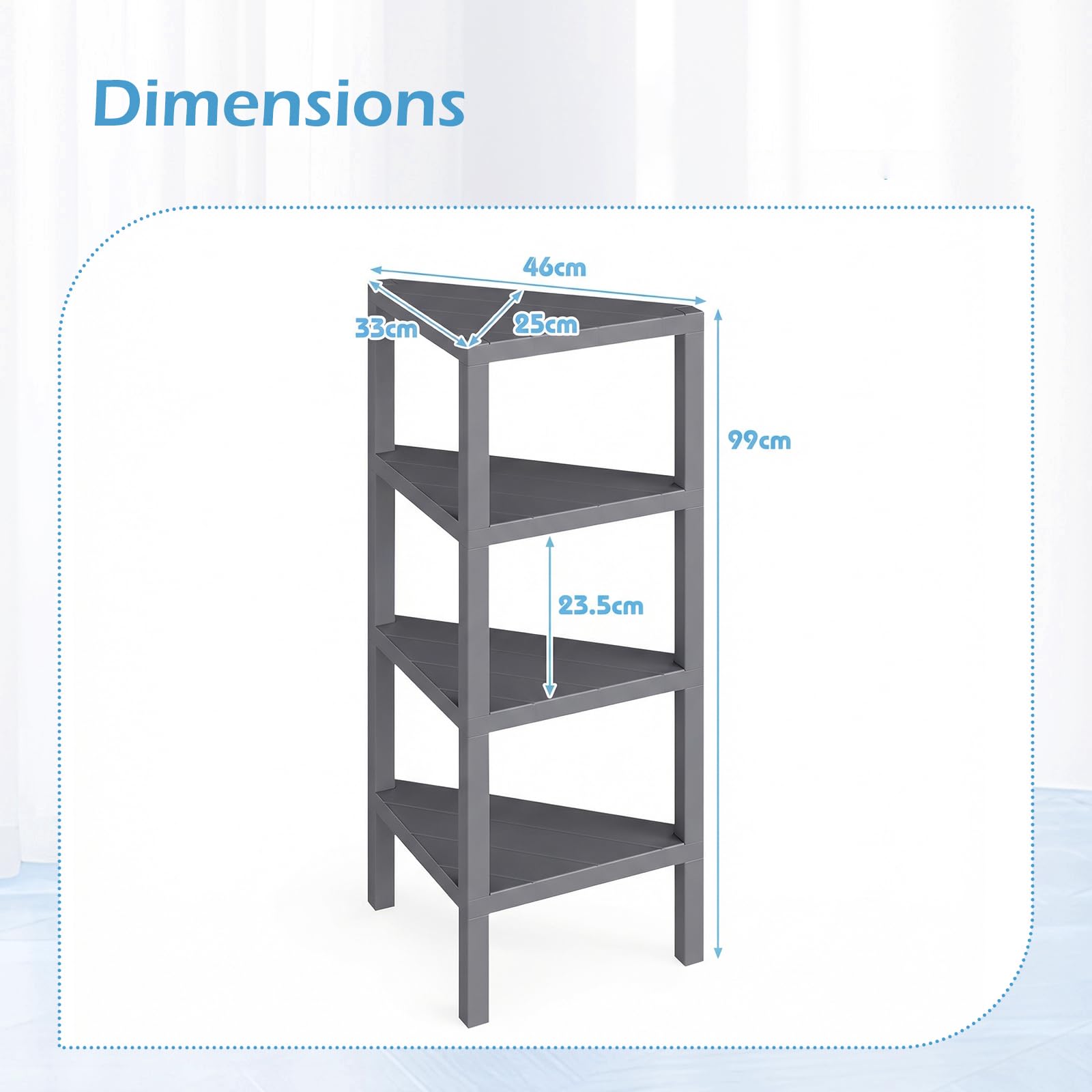 KOMFOTTEU - Estantes esquineros de 4 niveles, carga de 32 kg, mueble esquinero, plástico con estantes de láminas, ideal para baño, cocina, sala de estar, dormitorio, oficina, 46 x 33 x 99 cm (gris)