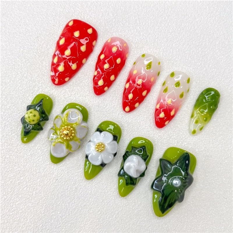 Handmade false nails, strawberry flower relief series, press-on false nails, women's accessories(Small)