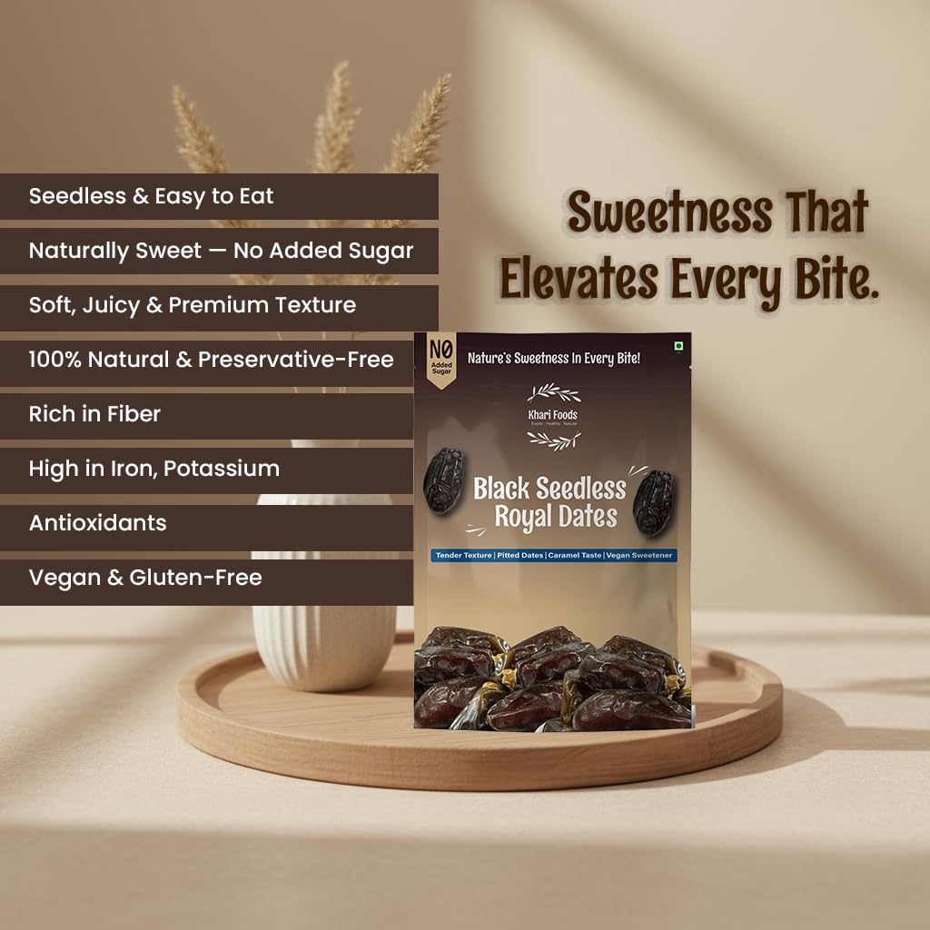 Khari Foods – Premium Black Royal Seedless Dates– 400g Khajoor – High Fibre, No Added Sugar, No Preservatives, Easy to Consume – Soft Healthy Dates for Energy, Immunity Support and Everyday Wellness