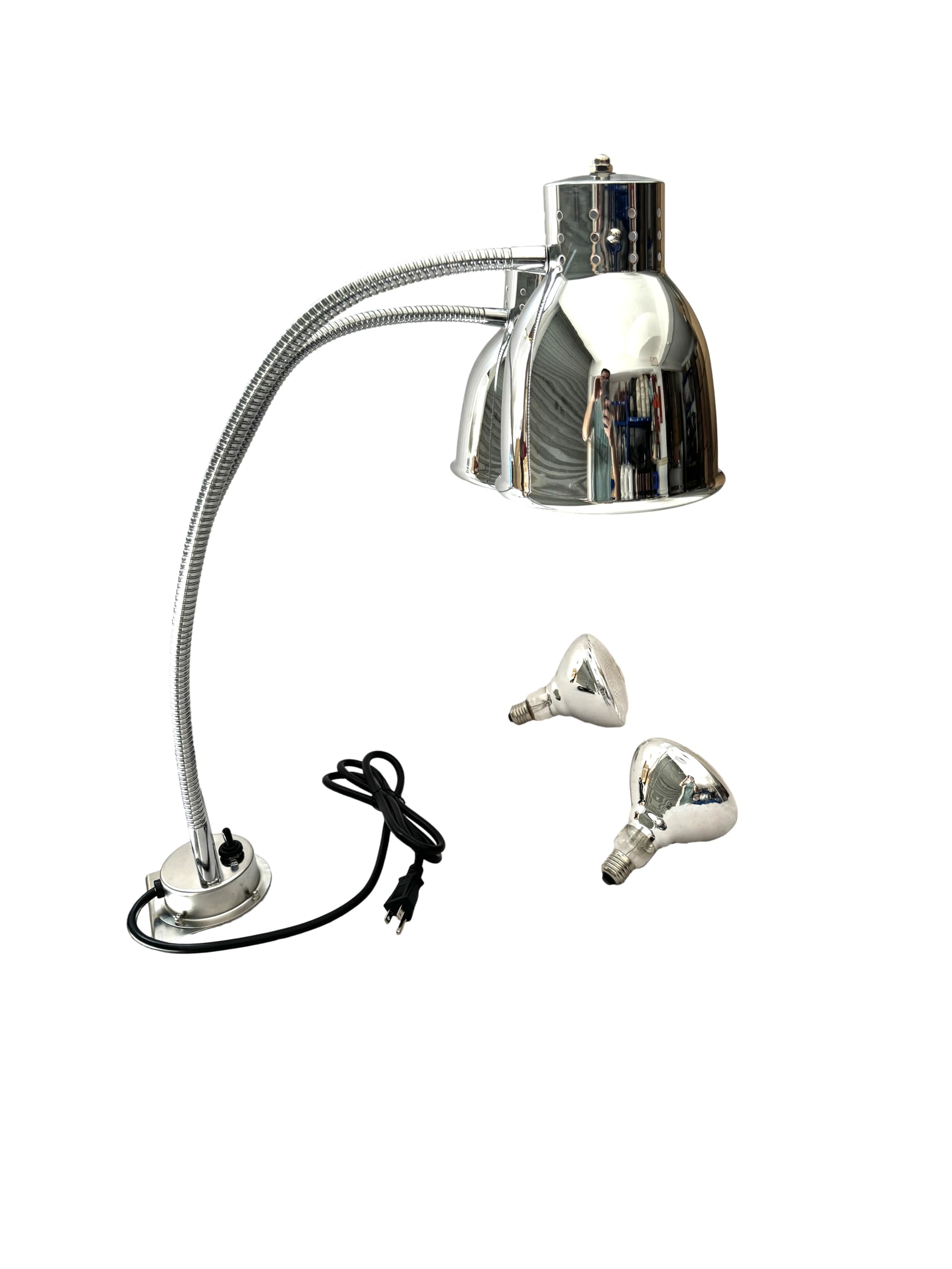KOUWO Dual Bulbs Food Heat Lamp Adjustable Food Light Warmer 500 Watts Heating Lamps for Hot Food Countertop Chrome (Double Arm with Clamp)