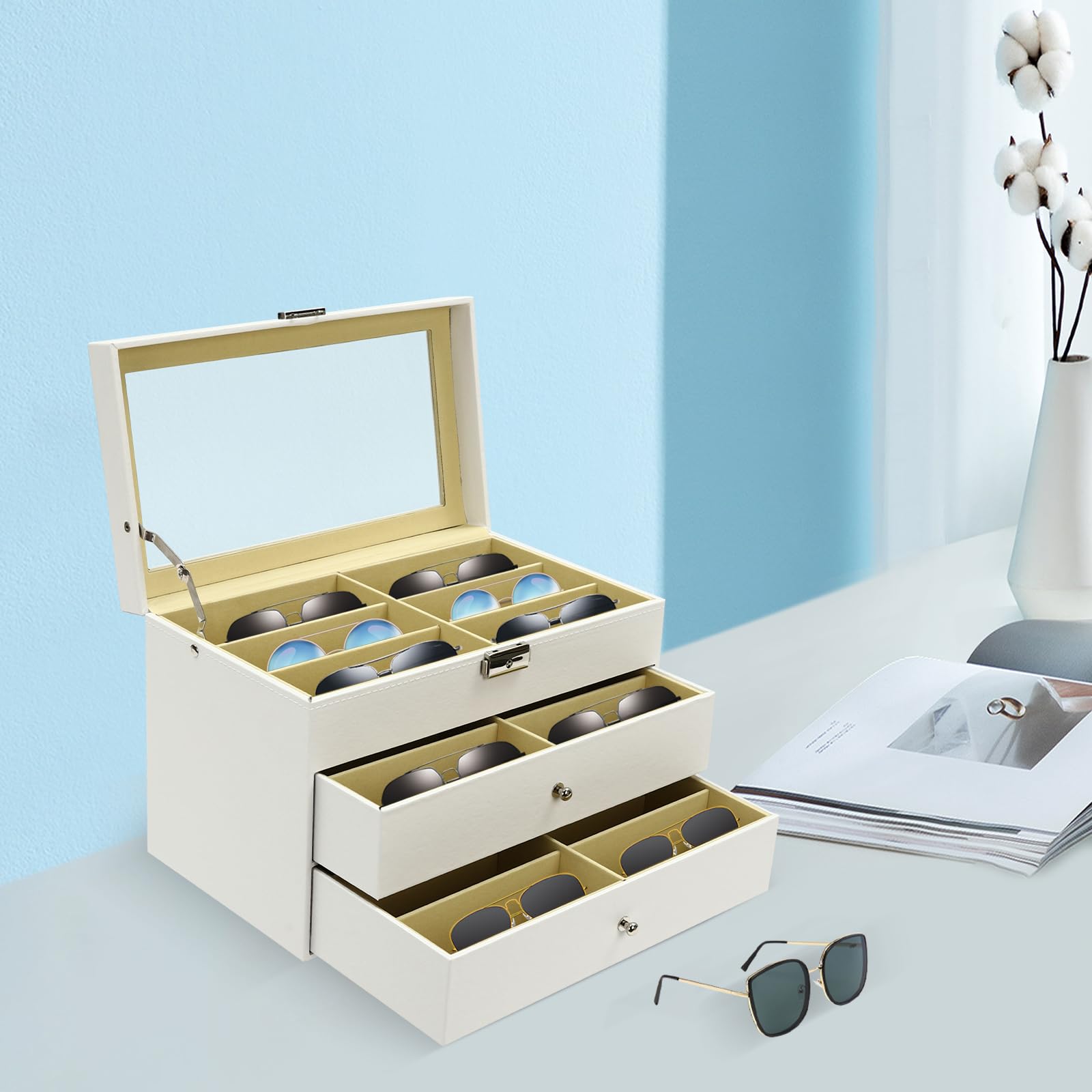 Caja de almacenamiento de gafas, 18 gafas de sol, caja expositora, gafas de sol, caja de almacenamiento de piel, estuche con cerradura y llave, estuche con tapa de cristal, 33,5 x 19 x 22,5
