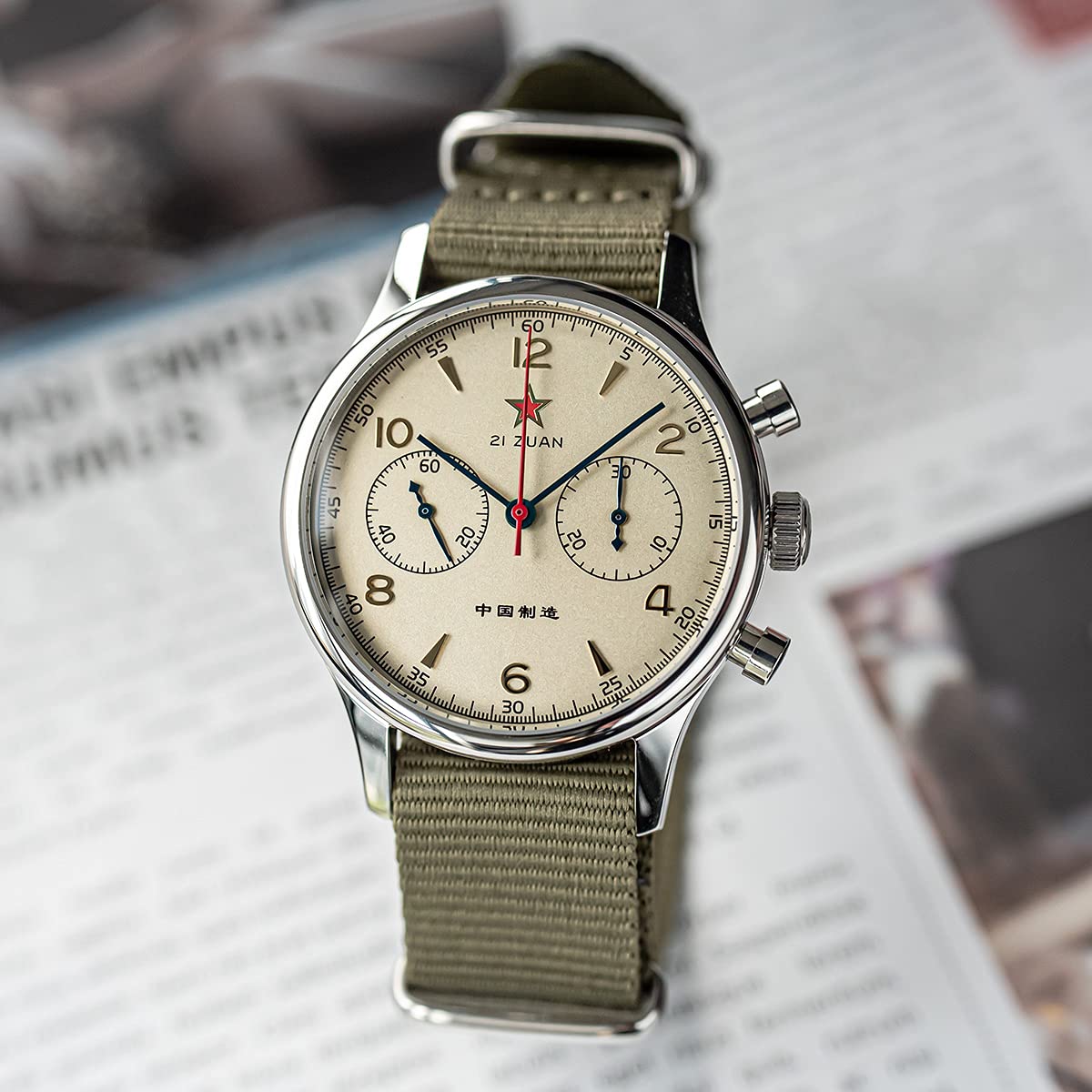 Seagull 1963 Herren-Chronograph, 40 mm, Saphirglas, ST1901, Uhrwerk, SU1963S40, grün, 40 mm, Armband