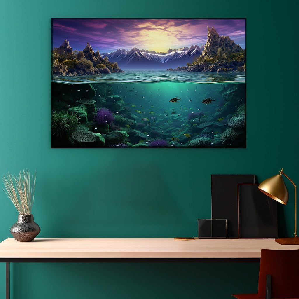 Canvas for Living room. Underwater Wonders Meet Mountain Majesty in a Dreamlike Artistic Realm, 27 x 18 inch Canvas Wall Art - Beach Sunsets And Sunrises - Modern Home Decor - 69x46 cm (27x18 inch)