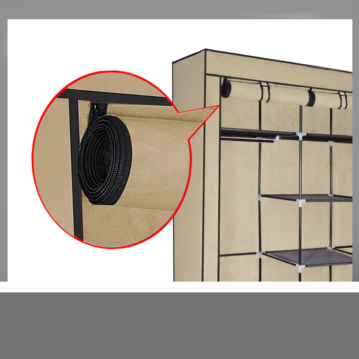 T-LOVENDO.ES Armario de Tela ropero estantería con Cremallera Plegable Modular portátil Grande 175 x 150 x 45 cm. Tubos de Acero para Perchas. Varios estantes Robusto y Estable. Beige