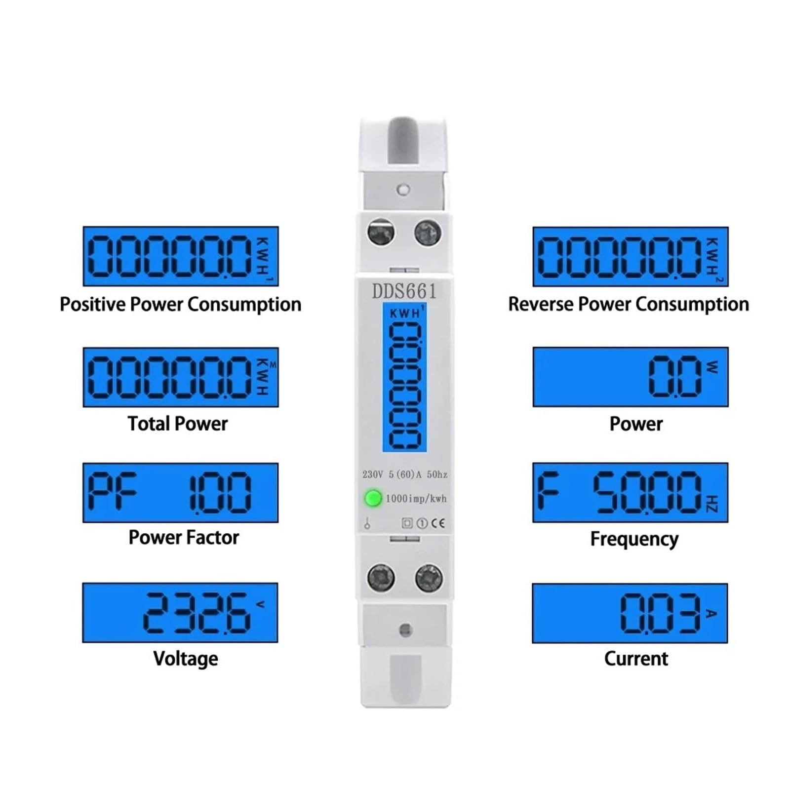 Single Phase Backlight Wattmeter Power LCD Digital Display Consumption Meter KWh 5(60) A 230VAC 50Hz Watt Din Rail Energy Meter(DDS661-110V)