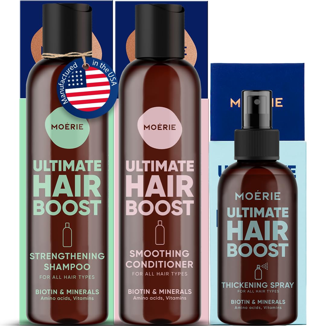 Sponsored Ad - Moerie Mineral Shampoo and Conditioner Plus Hair Growth Spray Set – Ultimate Hair Care Pack – For Longer, Thicker, Fuller Hair - Volumizing Hair Care Products – Paraben & Silicone Free - 3 Products