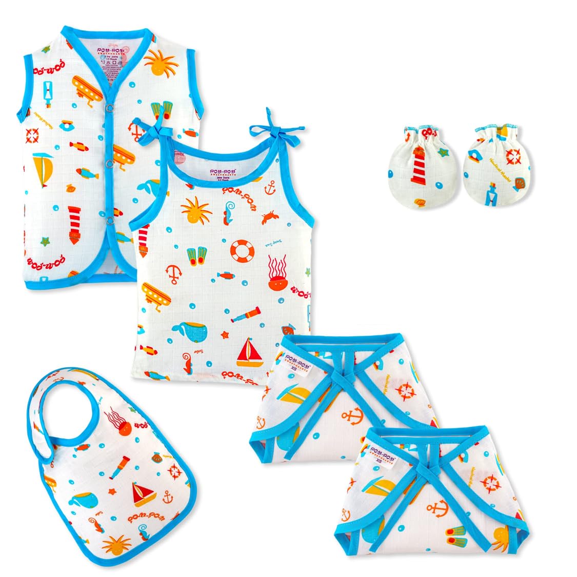 Pom Pom Sweethearts New Born Baby Combo Cloth Gift Set - 1 Printed Cotton Sleeveless Vest ,1 Slip,1 Bib,1 Swaddle, 2 Cloth Lace Nappy & 1 Pair Cotton Hand Mittens - Pack of 7(Aqua World Print 0-3 Months)-image-15