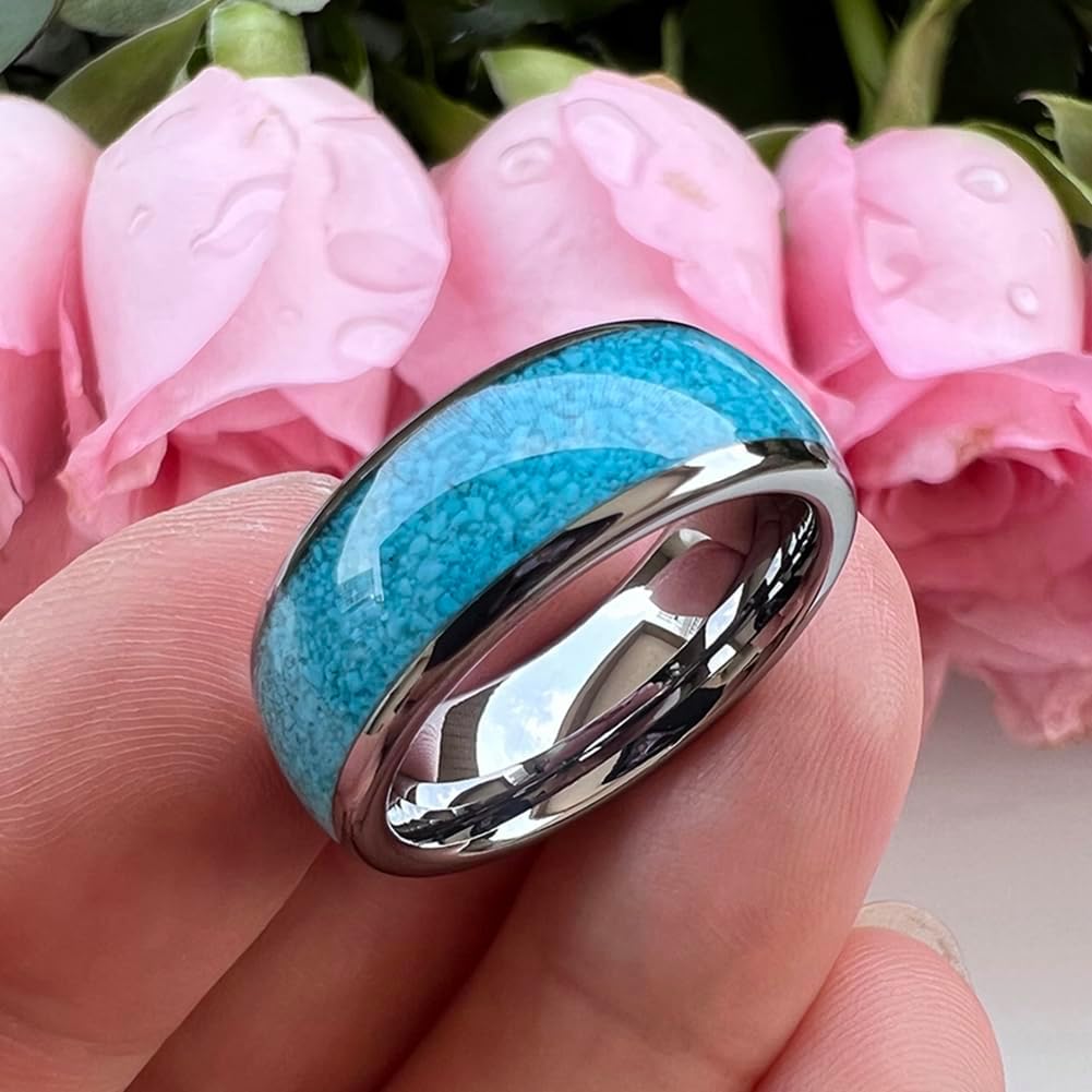 TUTISS 4mm 6mm 8mm Tungsten Rings for Men Women Engagement Wedding Bands Crushed Turquoise Inlay Domed I Love You Engraved Comfort Fit