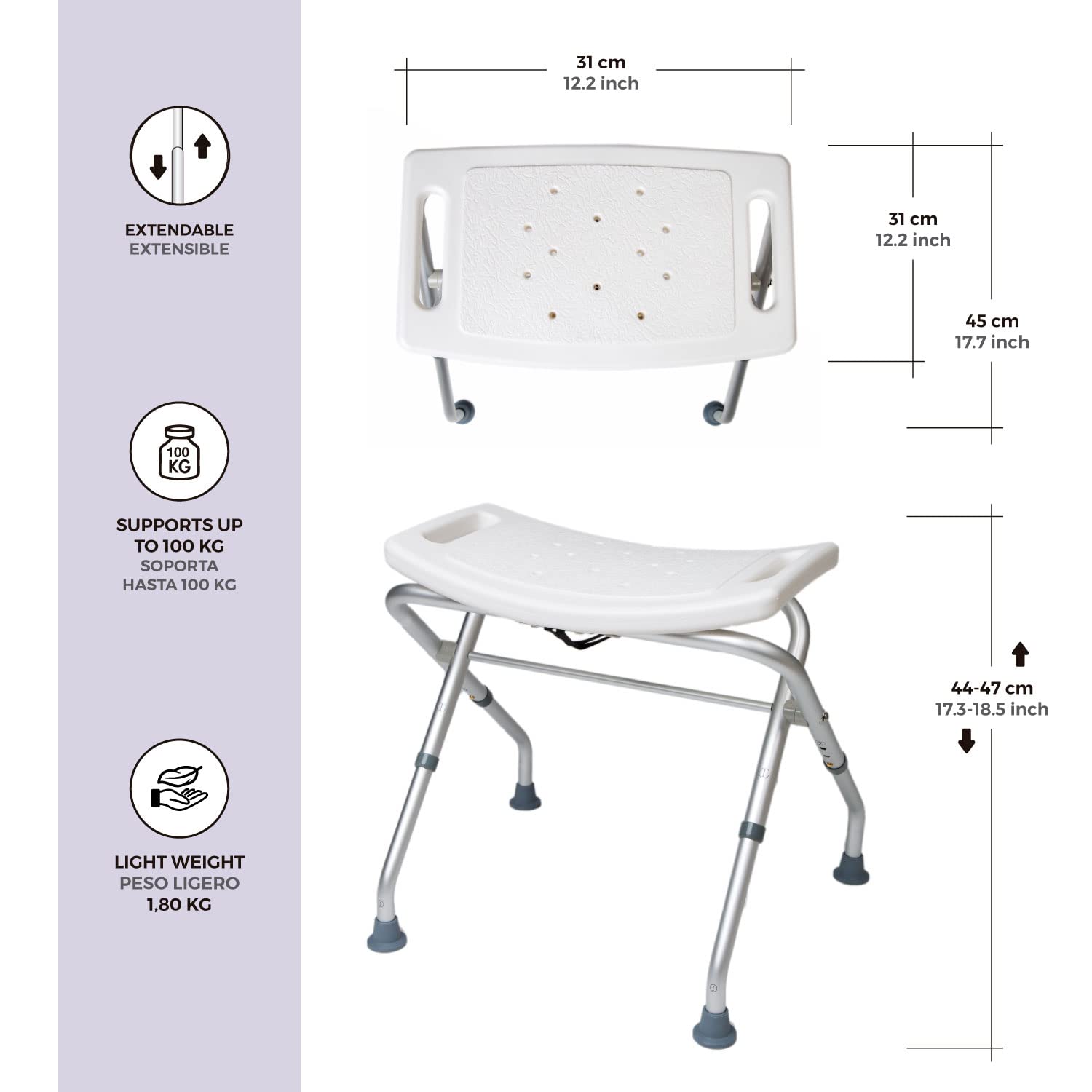 Taburete de Ducha Plegable – Silla de Baño Regulable en Altura | Asiento con desagües, 3 niveles de altura, patas de goma antideslizantes, fácil transporte y montaje sin herramientas