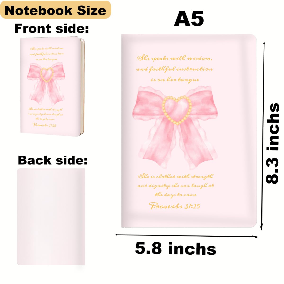 Diario a righe con versi biblici da donna, 200 pagine A5, copertina rigida per scrivere appunti, diario motivazionale a righe cristiano università cristiana con fiocco rosa, 15,8 x 22,7 cm, fiocco