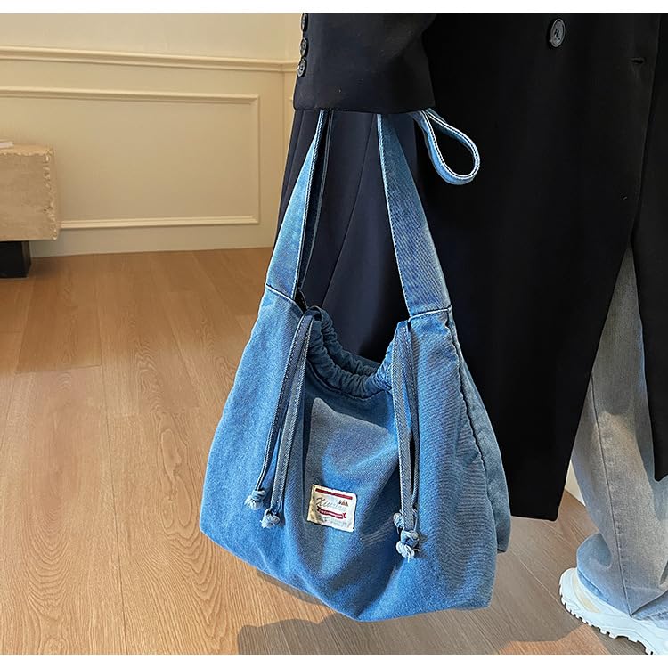 Vintage Denim Tote Bag - Drawstring Crossbody Purse, Retro Washed Canvas Shoulder Handbag4