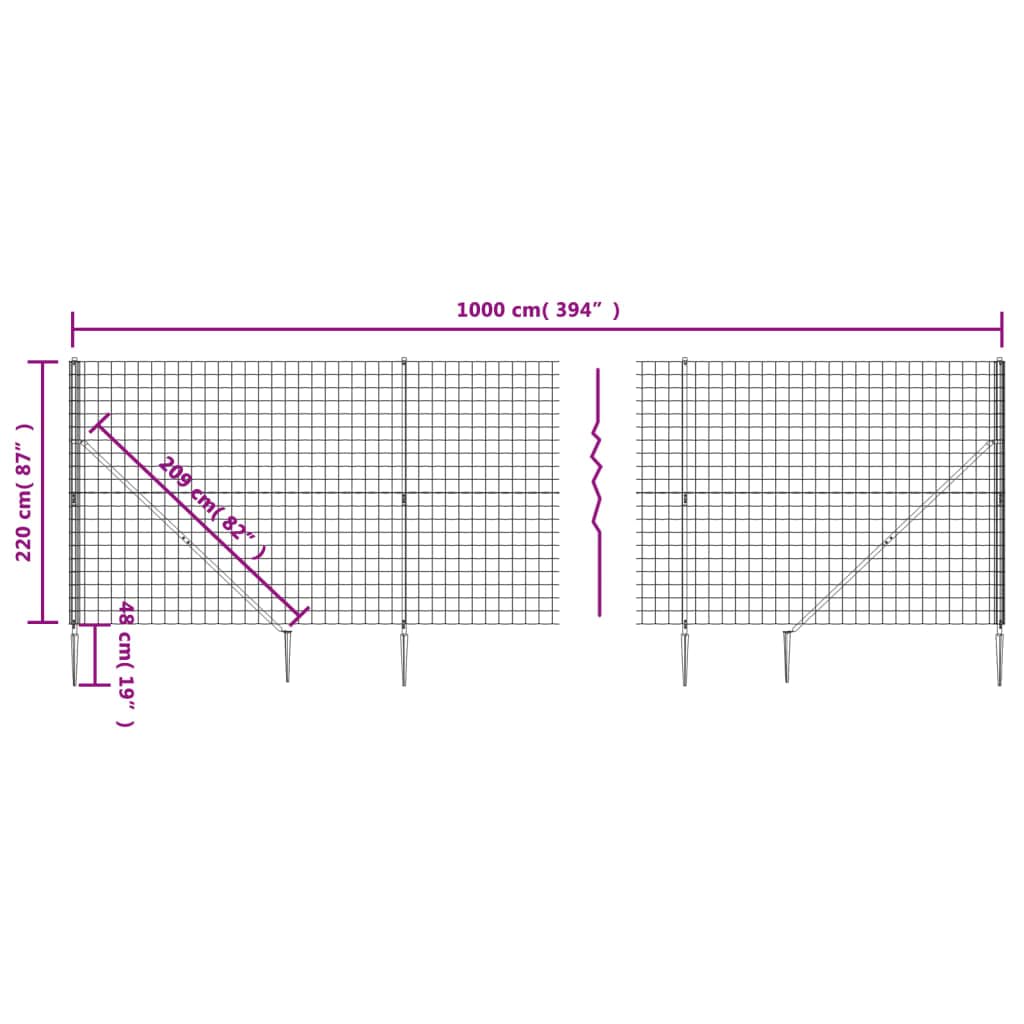 Valla de malla de alambre con anclajes de pico, color antracita, 2,2 x 10 m, valla de alambre de acero galvanizado, valla protectora para jardín, valla de malla antracita
