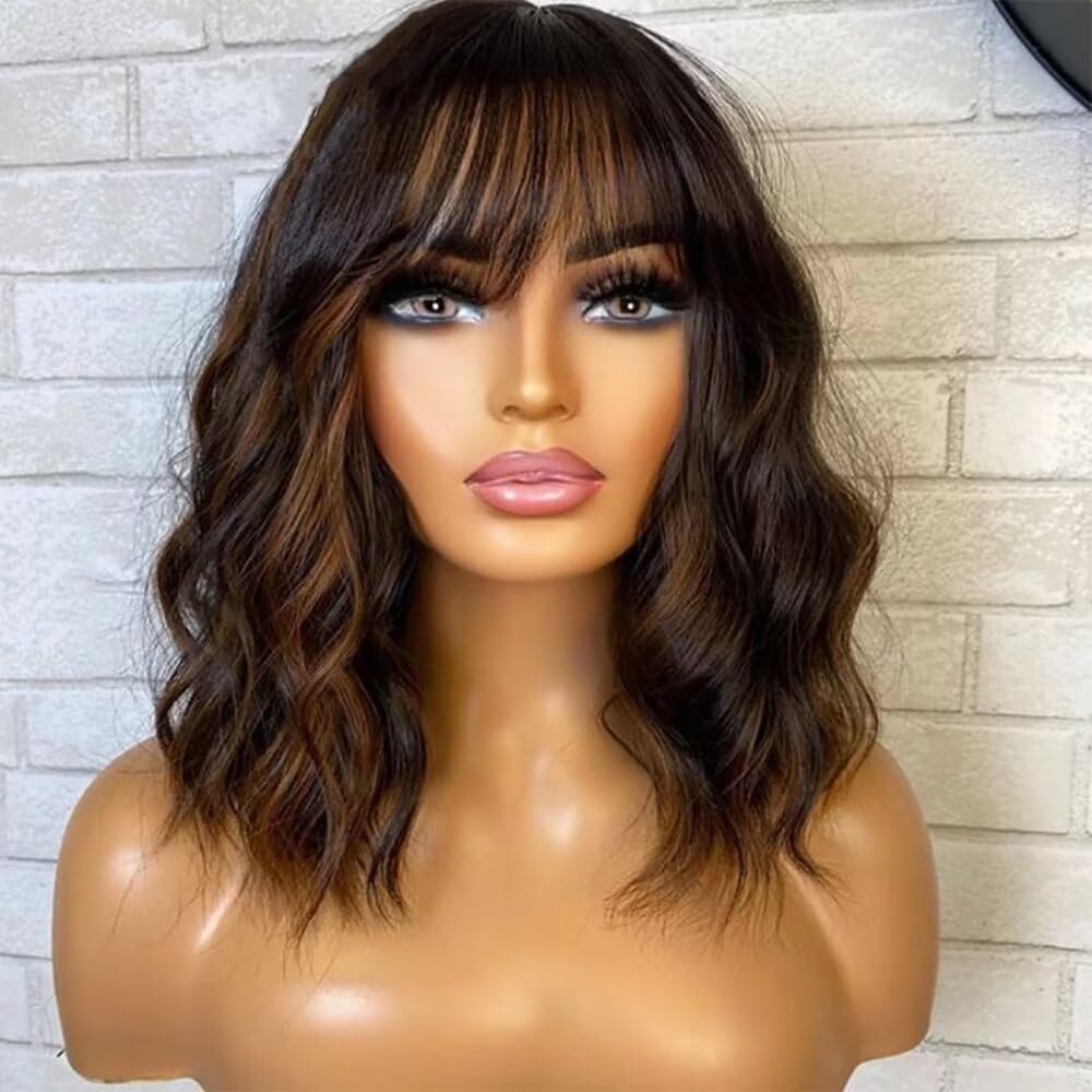 Highlight Bob Wig with Bangs Human Hair Wig 1b/30 Color Short Bob Wavy Brazilian Remy Human Hair 13x4 HD Transparent Lace Front Wig Pre Plucked 150%