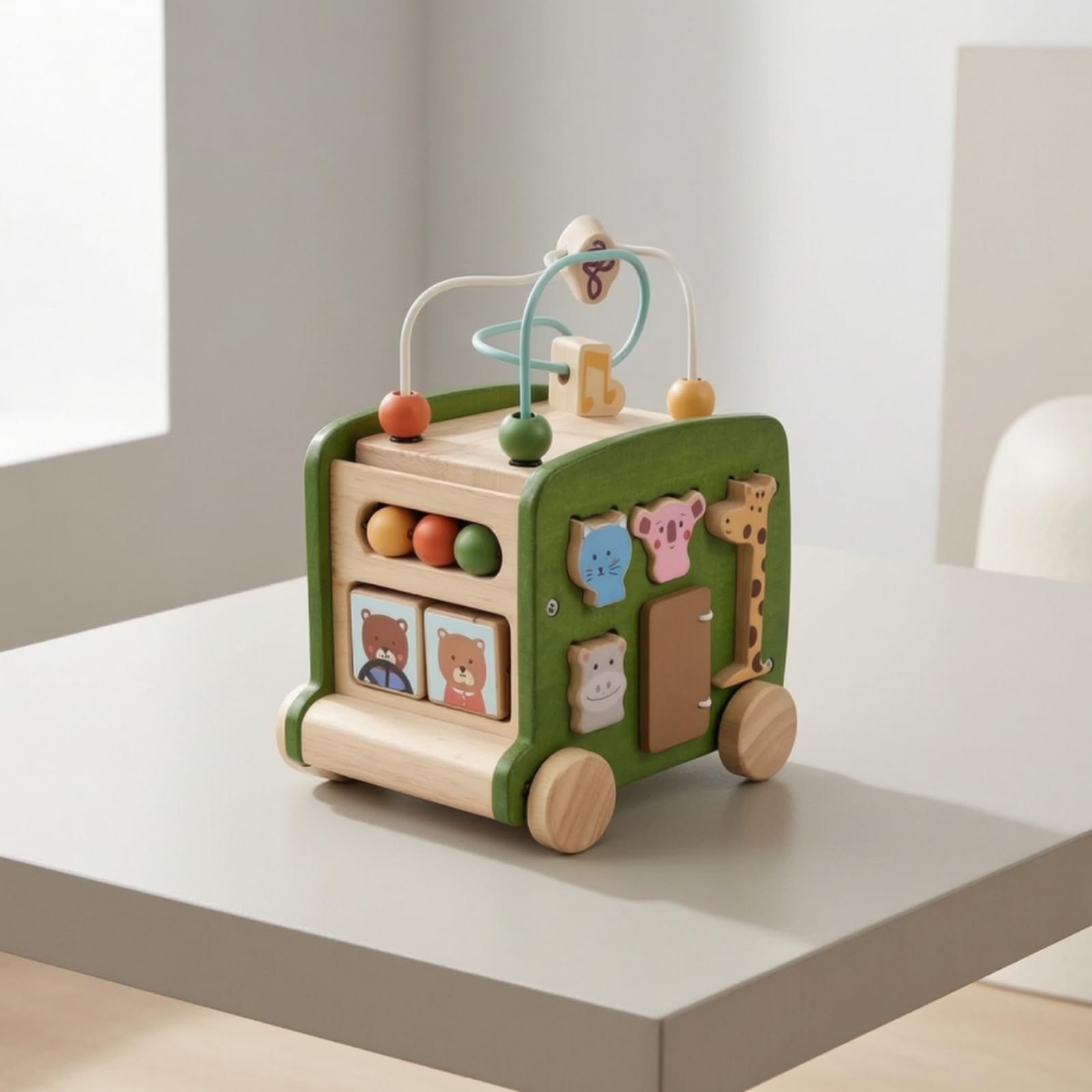 Bus Iniziare a Camminare con Percorso a Ostacoli Multifunzione Gioco Iniziare a Camminare in Legno Didattico Giocattolo, Verde, Multifunzionale Autobus Giocattolo