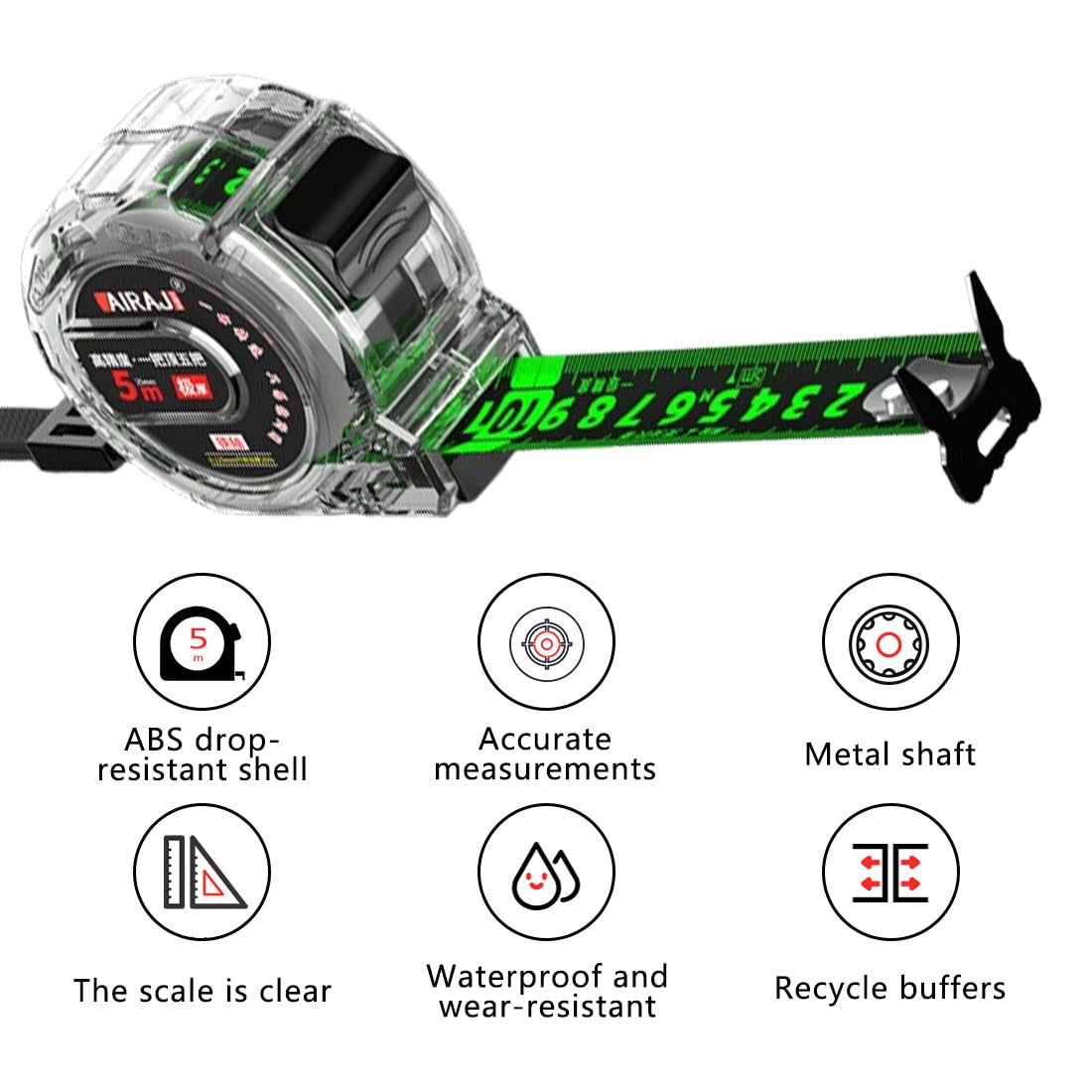JAMAKALA 5M/16.4ft Fluorescent Steel Tape Measure,Transparent Steel Precision Measuring Tape,Width 25mm Stainless Steel Retractable Easy To Read Self-Lock Double Sided Graduated Tape Measure (A) - Image 3
