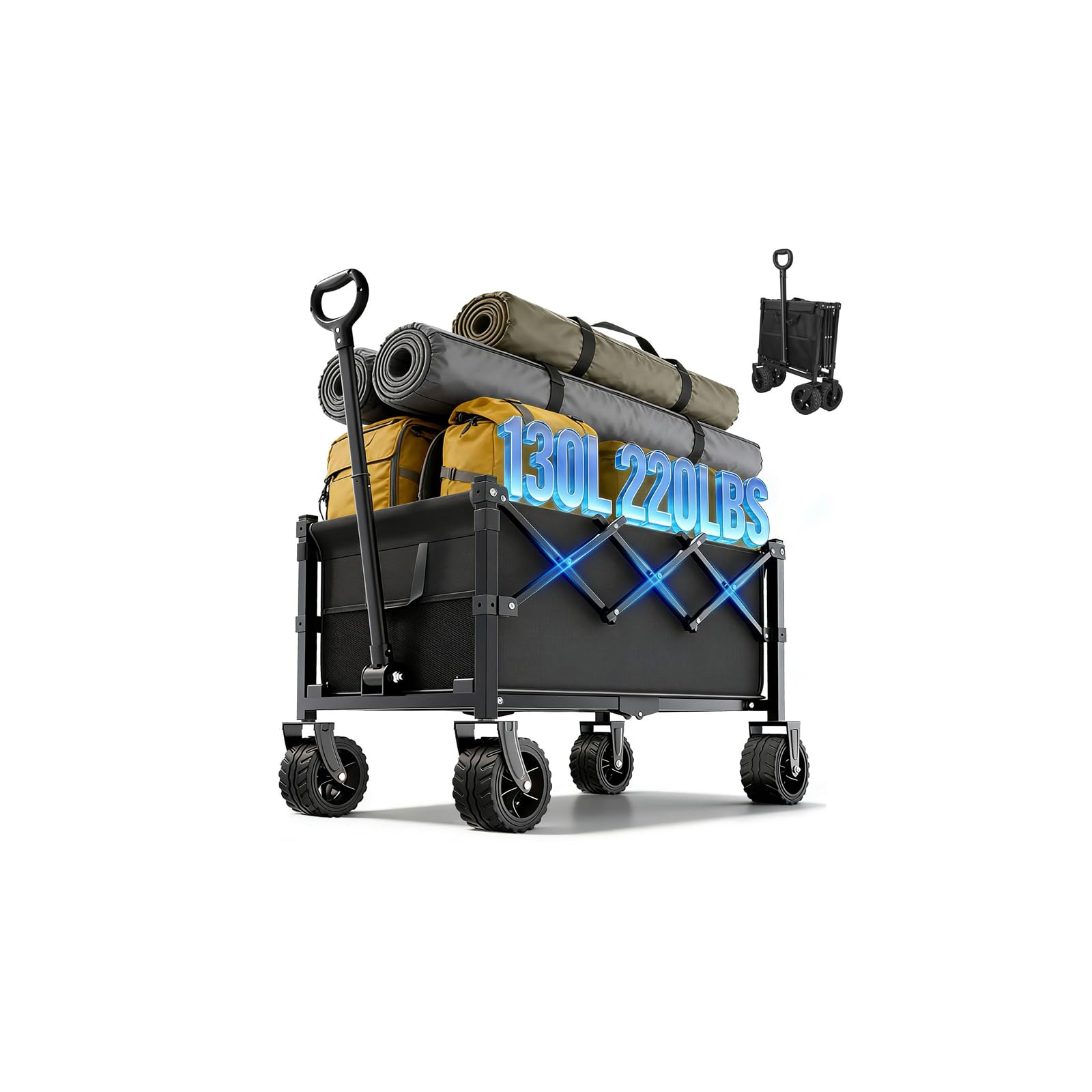 Trolley on Wheels, with Adjustable Handle, Folding Foldable Festival Camping Trolley, with Casters Wheels, for Grasslands, Muddy Road, Sandy Beaches, Parks, Home