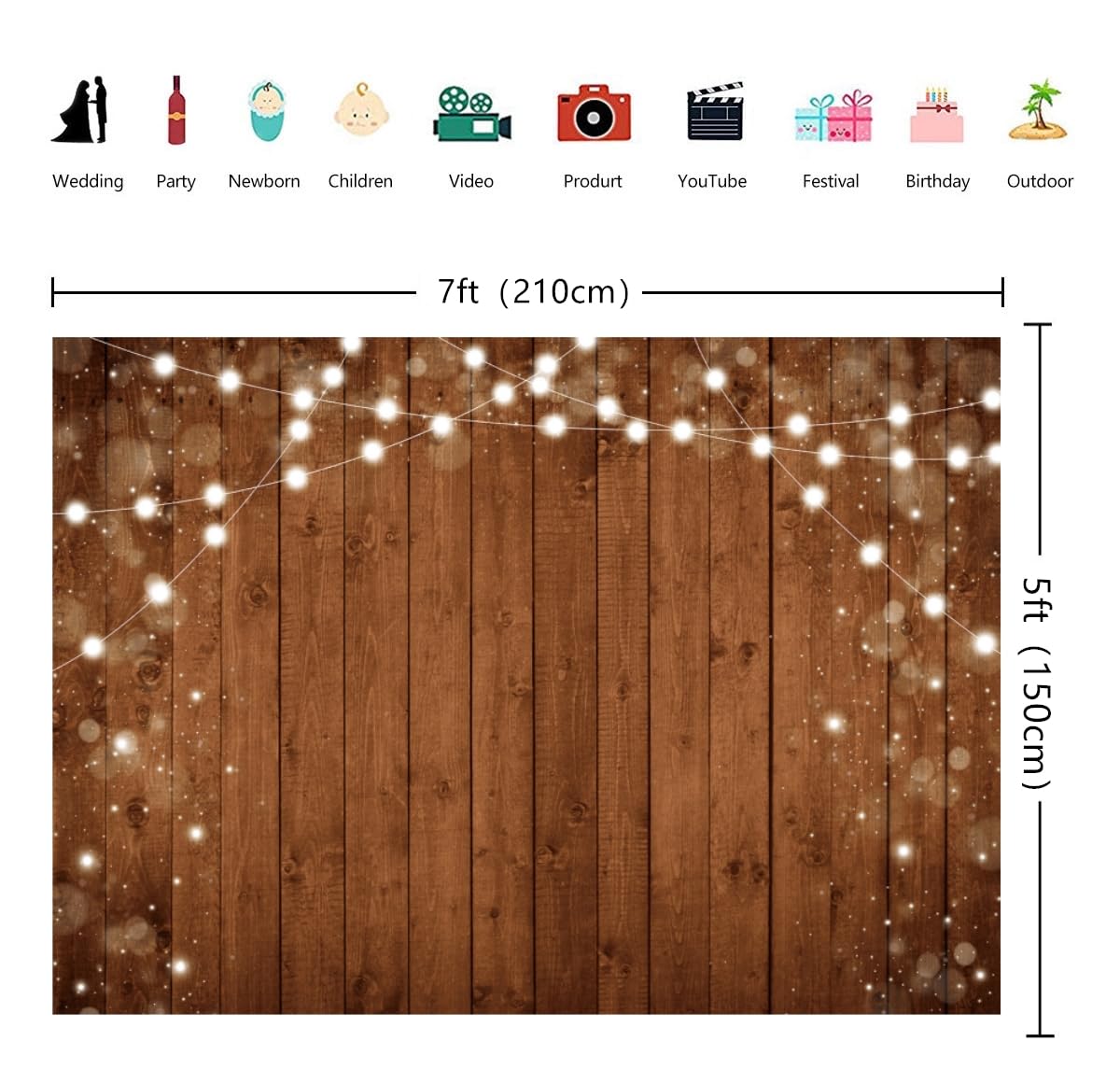 INRUI Sfondo di legno rustico muro fotografia Backdrop retrò marrone legno con luce stringa foto Banner legno parete studio decorazione (2,1 x 1,5 m)