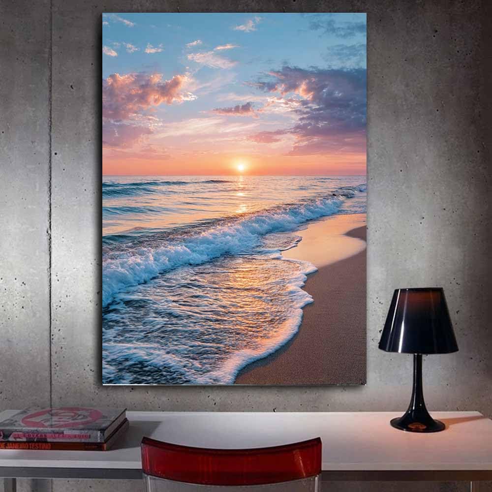 WUFIEA Leinwand Bilder Sonnenuntergang über dem Meer Wandkunst, Natur-Wanddekoration, Natur, Gemälde für Schlafzimmer, Wohnzimmer, Kinderzimmer, usw(Orange)-70x100cm Ungerahmt