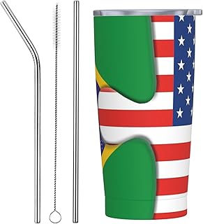 Brazil Brazilian And American Flag Usa Jigsaw 20oz Stainless Steel Vacuum Insulated Tumbler With Lid & Straw Thermal Mug Vacuum Cup Keeps Drinks Hot/Cold For Hours Everyday Use