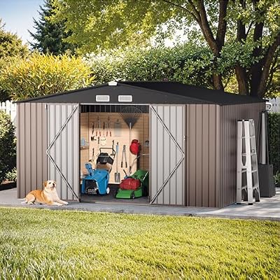 GVDV 12x10 FT Outdoor Metal Storage Shed, Durable Garden Shed with Reinforced Sidewall Girts & Updated Frame Structure, All-Weather Shelter for Backyard, Patio, Tool, Bike Storage