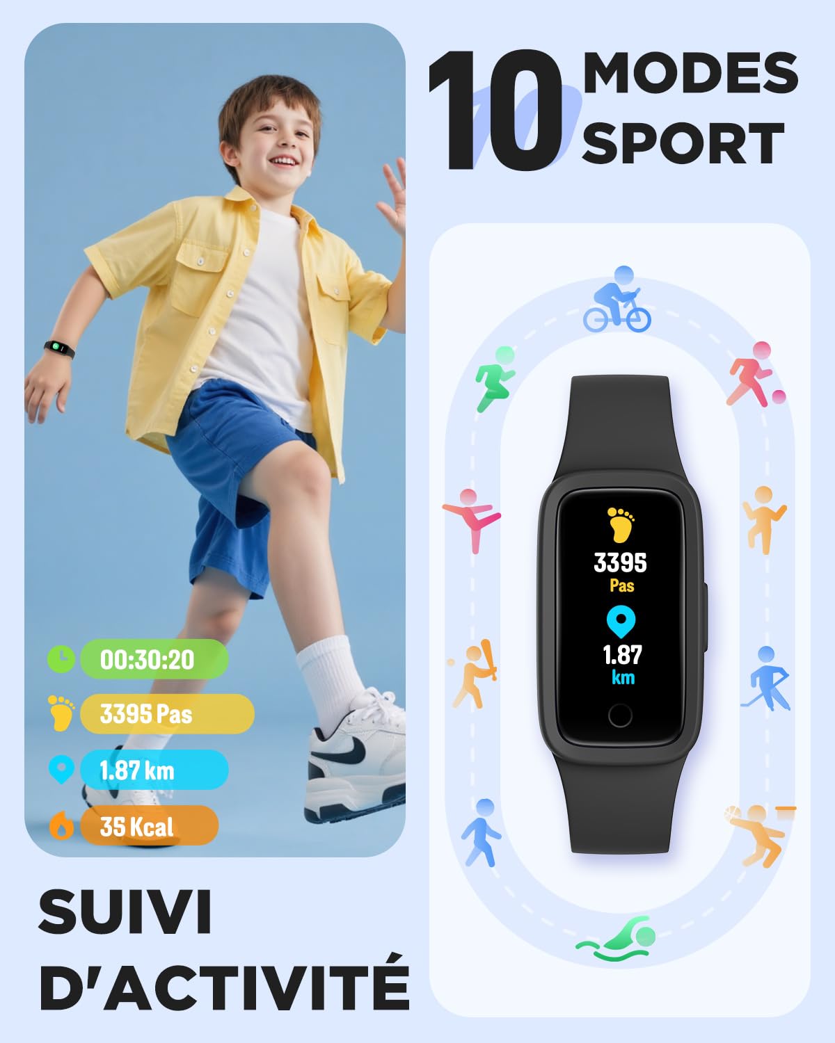 BIGGERFIVE Vigor 3 Montre Connectée Enfant Tracker d'Activité Écran AMOLED Étanche 3ATM Moniteur Fréquence Cardiaque Sommeil Noir