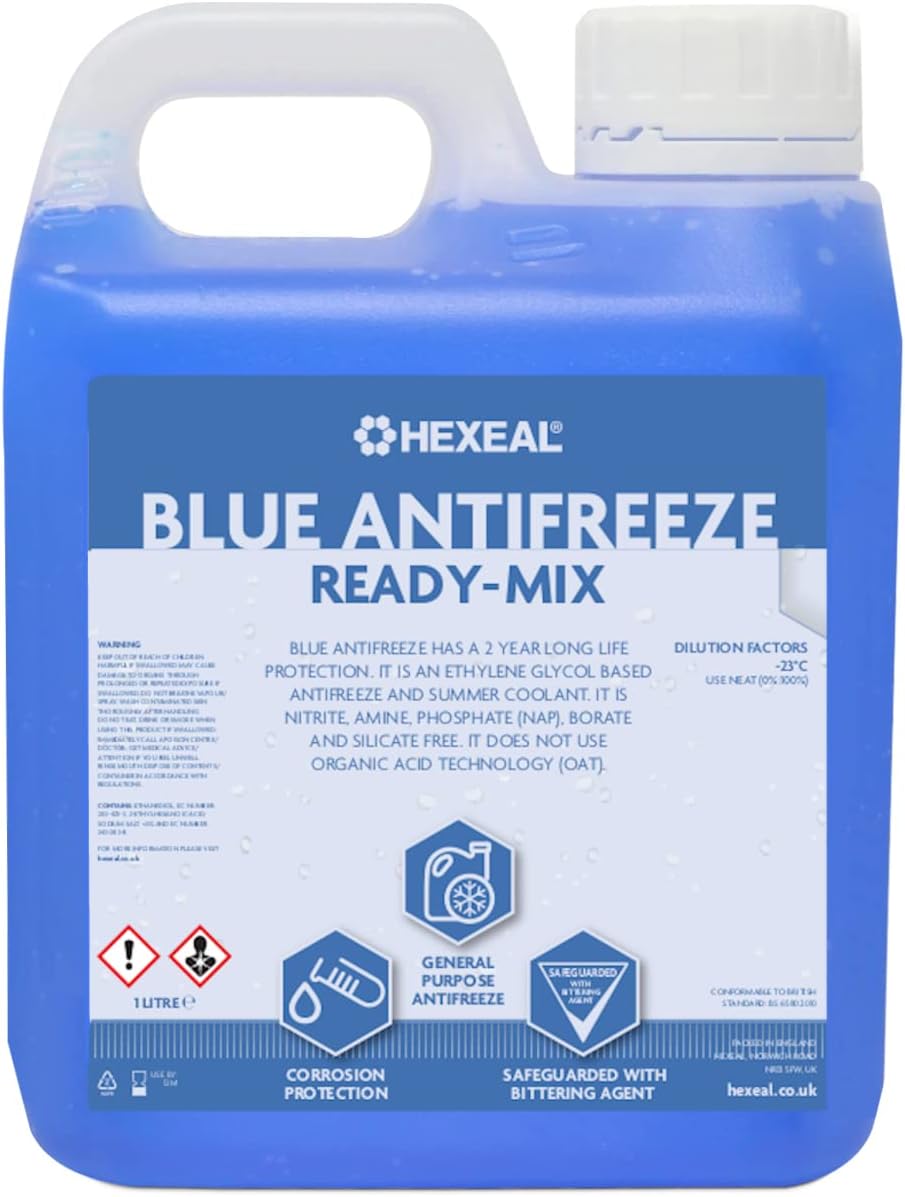 Hexeal Blue Antifreeze 1L โ 1L of High Concentrate Long Life Engine Coolant & Antifreeze for Cars & Vans โ Summer & Winter โ All Year Freeze Protection to -37 Degrees Celsius