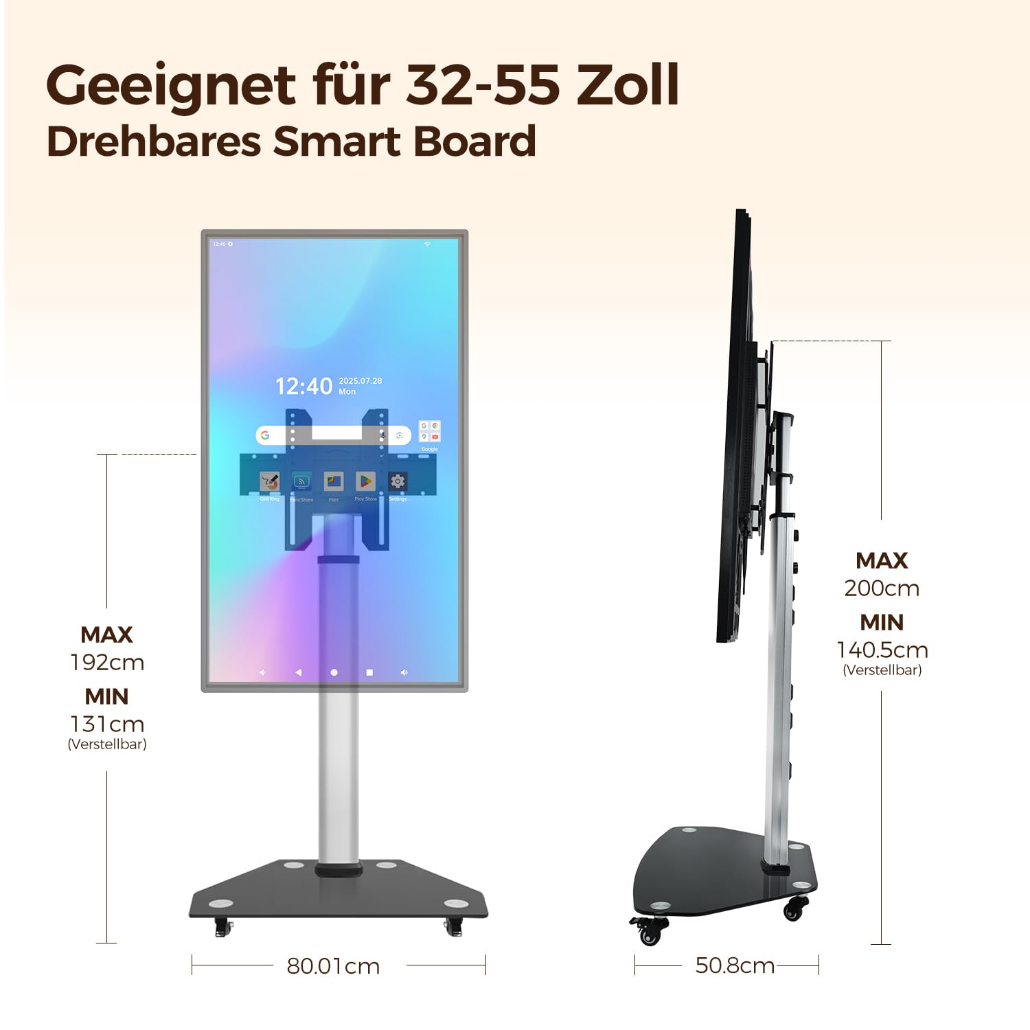 JAV Interaktives Whiteboard Ständer Mobiler Smart Board Ständer Rollbar für 32-55 Zoll Tragbarer Smart Screen mit 4 Feststellbare Räder Höhenverstellbar Bodenständer für Büro Klassenzimmer Zuhause