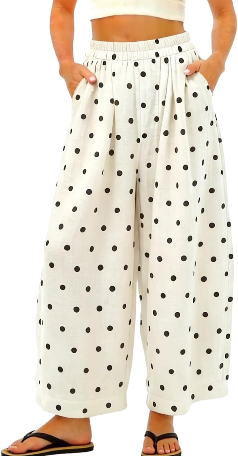 chouyatou Women Summer Boho Cotton Linen Polka Dot Pants Beach Elastic Waist Palazzo Wide Leg Barrel Pants