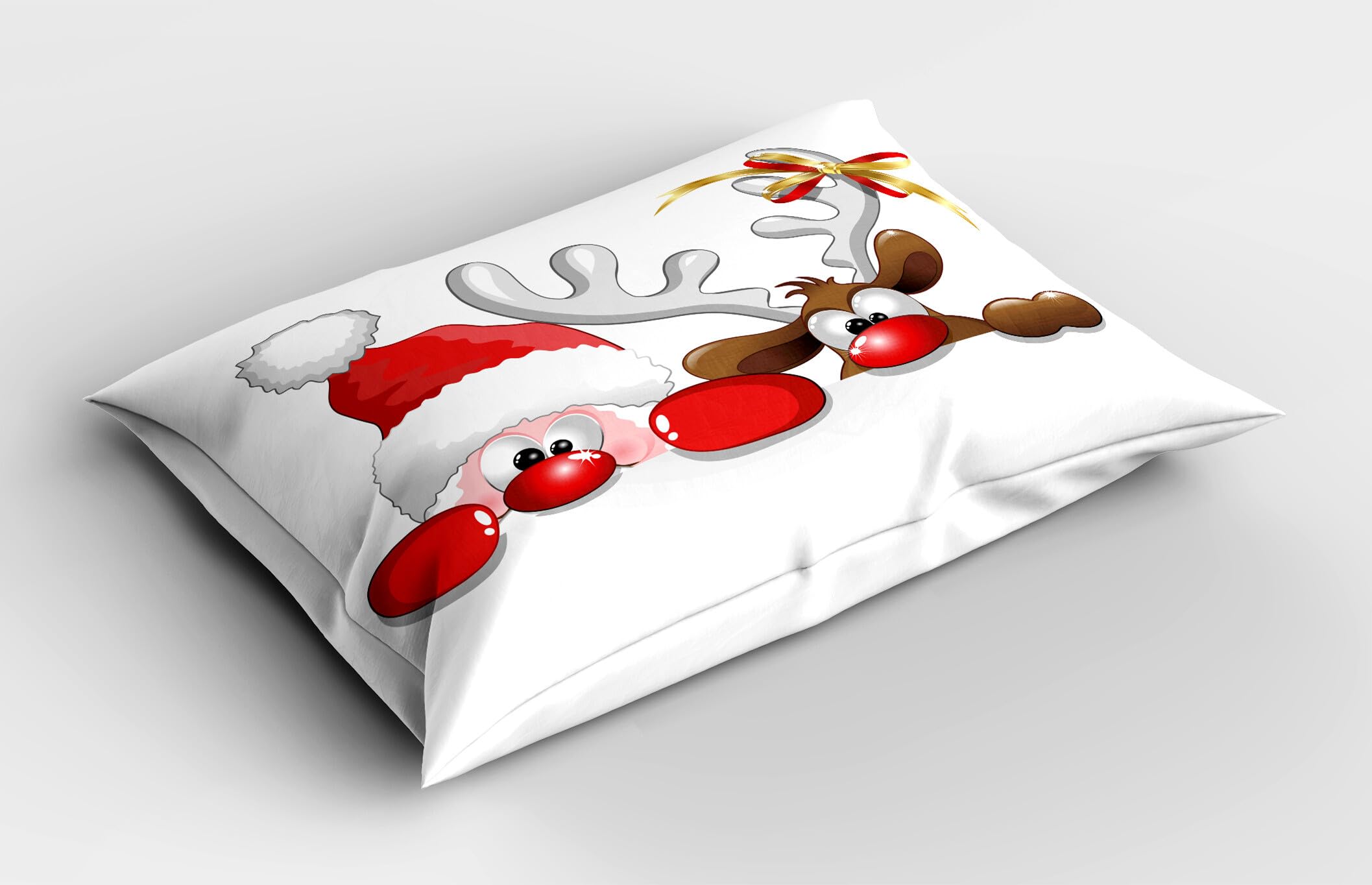 Ambesonne Christmas Pillow Sham, Funny Christmas Santa Claus and Reindeer Peeking Cartoon Style Humor, Decorative Standard Size Printed Pillowcase, 26