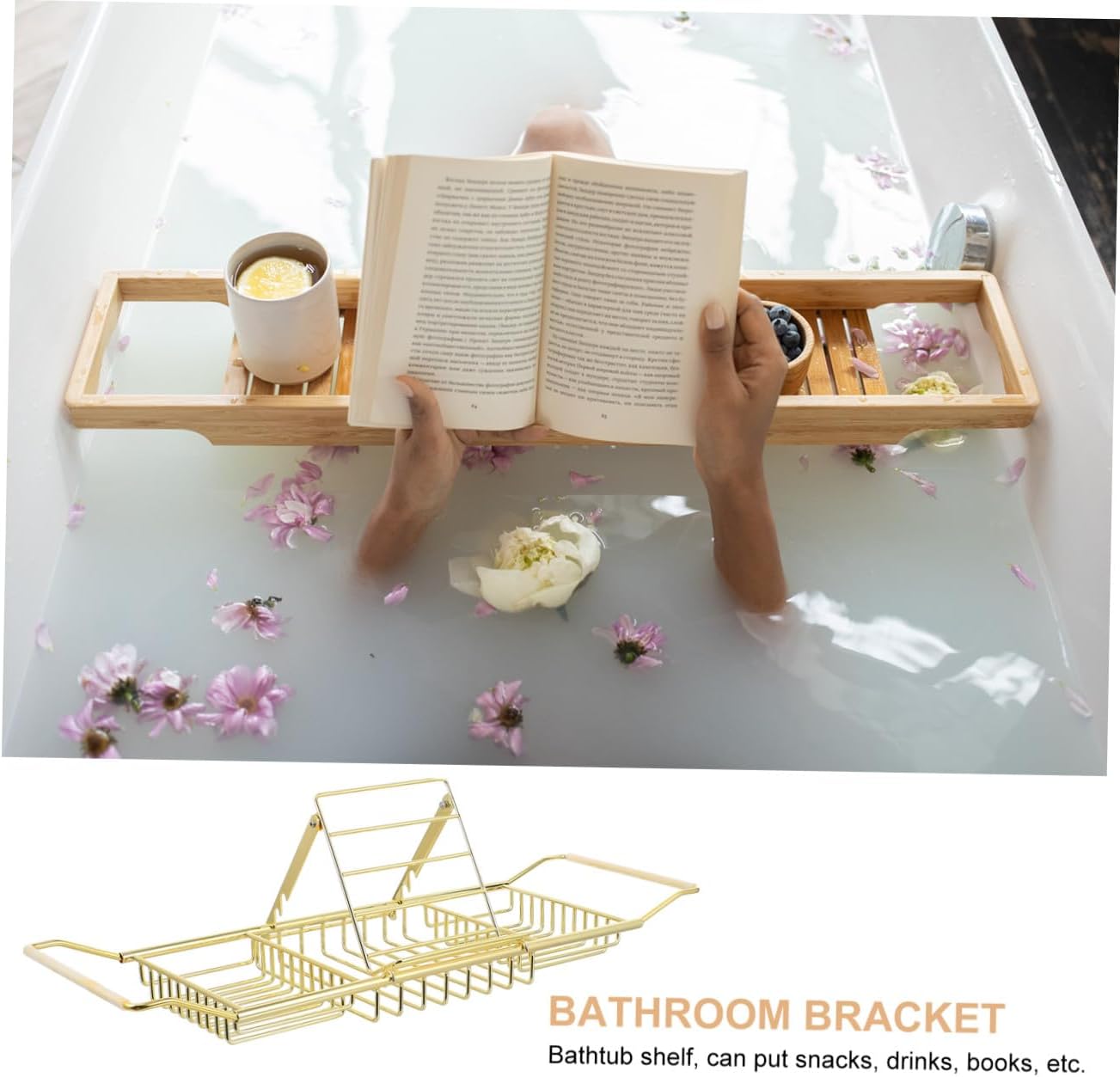 Stainless Steel Bathtub Rack with Skid Holder Versatile Bathroom Tray for Tablets Books Wine Glasses and Phone Golden Finish Multipurpose Storage Stand for Spa and Home Bathing