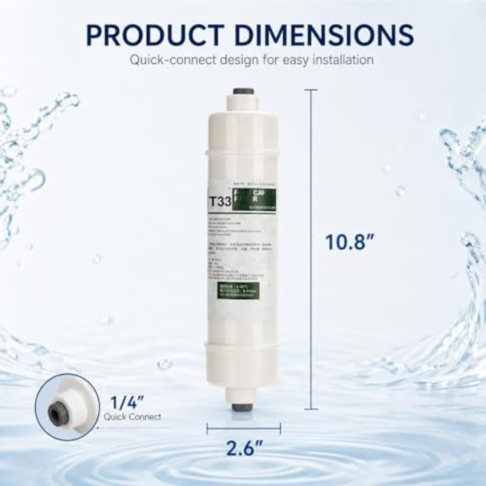 3-pak 10-calowy T33 Post Carbon Inline 1/4 wymiana armatury, do oczyszczaczy wody Ro odwróconej osmozy pod zlewem Filtr końcowy oczyszczacza wody filtr wody na ostatnim etapie filtr wody
