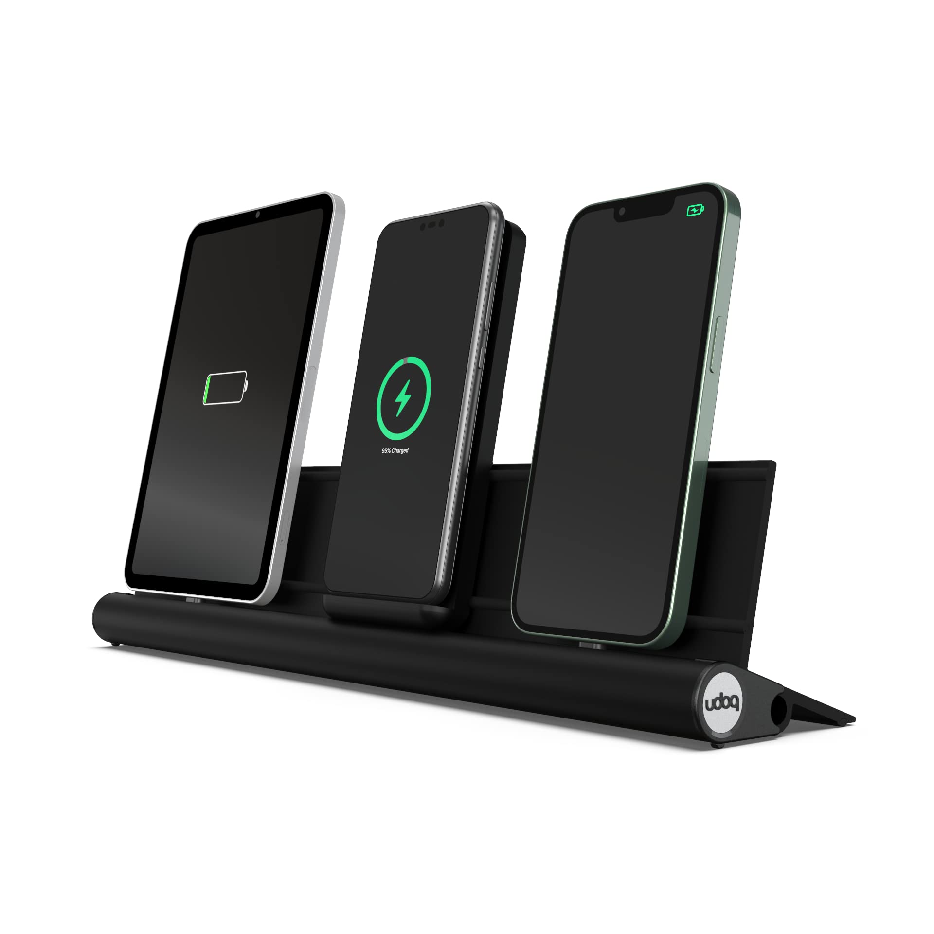 Stazione di ricarica universale per smartphone, tablet e AirPods, udoq 400, in alluminio, con alimentazione rapida e adattatore wireless (nero)