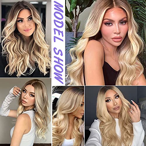 Aisi Queens Long Curly Wig Ombre Blonde Wavy Wigs 2 Tone Blond Synthetic Cosplay Party Wigs For Women Middle Part Full Wigs With Heat Resistant Fiber #TOP4