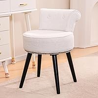 Sherpa Vanity Chair with Back - Fluffy Tufted Upholstered Makeup Chair, Wooden Legs, Modern White Bedroom Dressing Stool