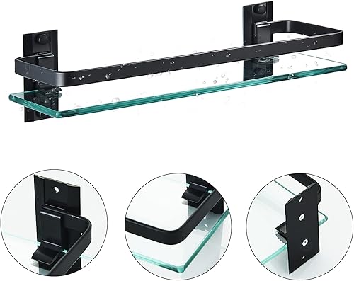 Miniatura 4 de Paquete de 3 estantes de vidrio para baño, vidrio templado de aluminio de 0.34 pulgadas, extra grueso, rectangular, 1 nivel, organizador de