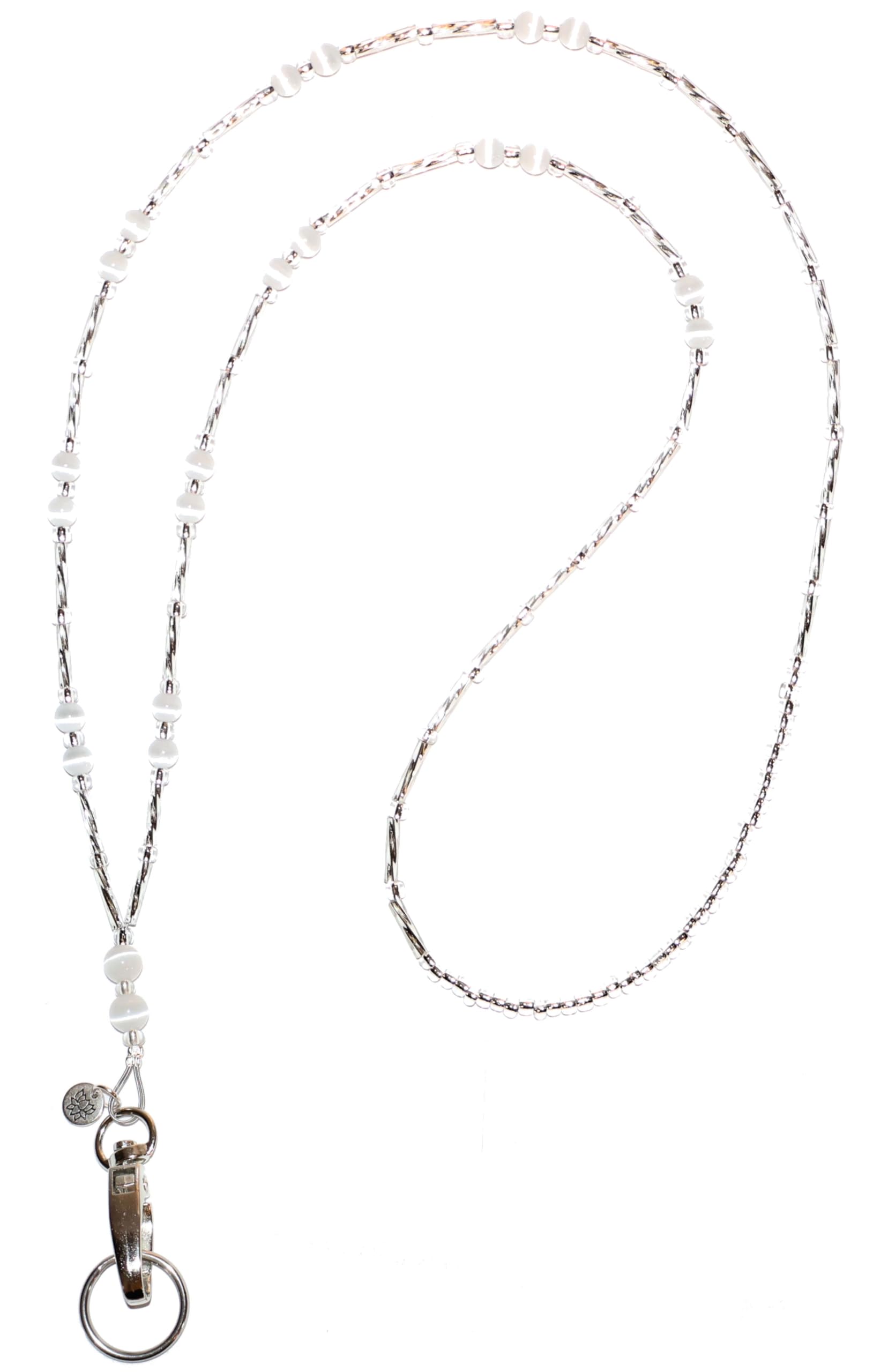 Hidden Hollow Beads Women's Simple White Strong Beaded Lanyard, for ID Badge Card Holder Teacher Cruise Keys Keychain Phone