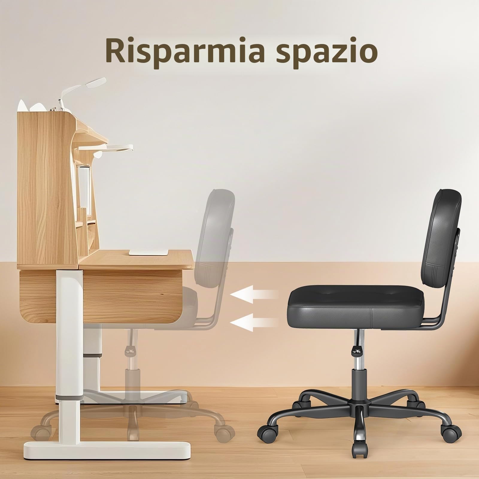 AnyGod Sedia Da Scrivania Senza Braccioli per Ufficio Domestico, Sedile Girevole Compatto con Altezza Regolabile e Ruote, Sedia Ergonomica A Schienale Basso in Pelle PU Nera