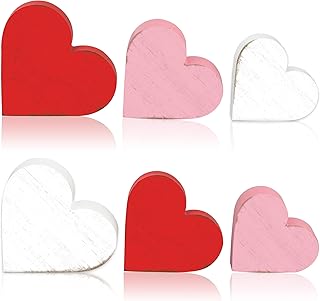 6 Pcs Valentines Day Heart Wooden Signs Farmhouse Love Heart Tabletop Centerpieces Red Pink White Hearts Tiered Tray Decor for Valentines Day Wedding Party Home Kitchen Shelf Table Decorations