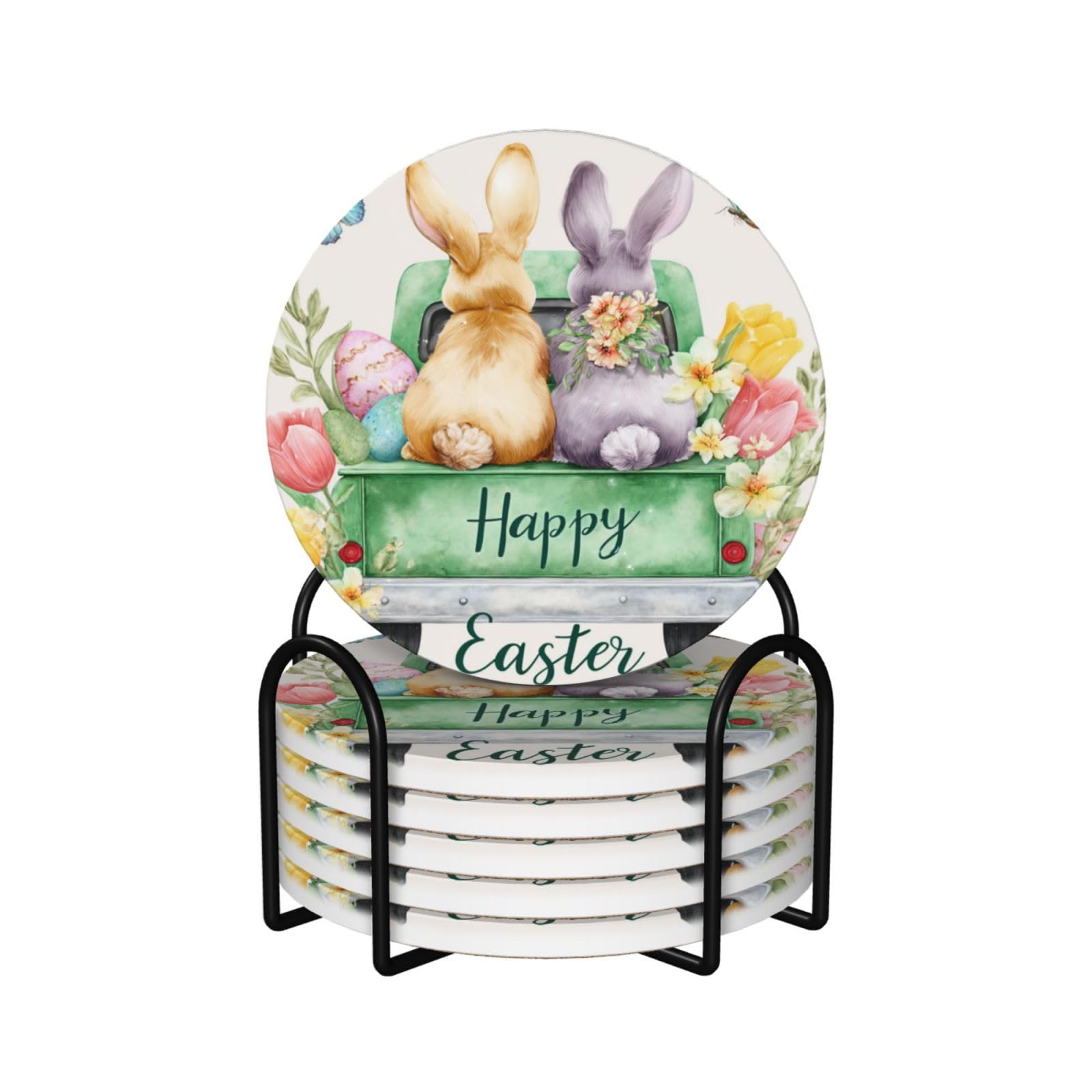 Bunnies Colorful Eggs Tulips Floral Truck Coasters Holder 6
