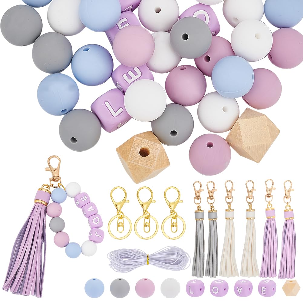 SUNNYCLUE Love Silicone Beads Keychain Making Kit Silicone Keychain Beads Letter Purple Round Cube Bead for Jewellery Making Kits Women Adult DIY Keychains Keyring Supplies