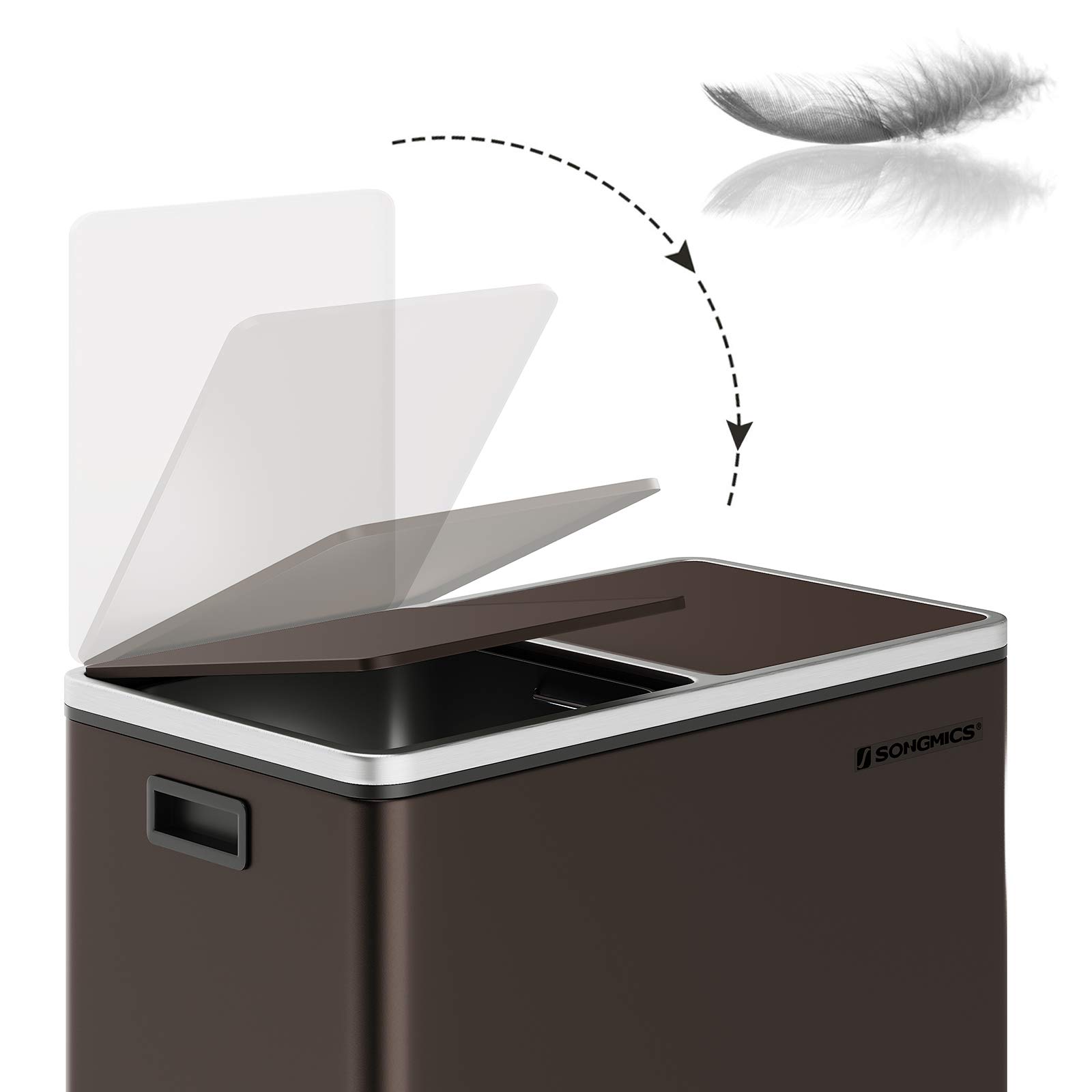 SONGMICS Trash Garbage Can, 16 Gal (60L) Rubbish, Metal Step Bin, with Dual Compartments, Plastic Inner Buckets and Hinged Lids, Handles, Soft Closure, Airtight, Brown