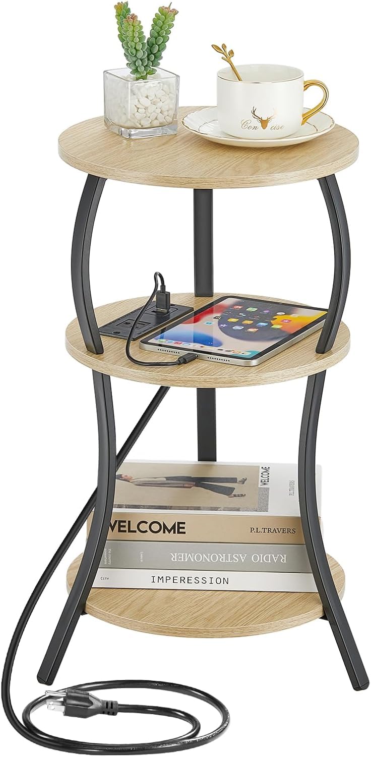 YEAKOO Vintage Round Side Table,3-Tier Slim Waist End Table with Storage Shelves,Round Sofa Side Table Small Corner Coffee Table Bedside for Living Room Bedroom Small Spaces (USB Charger, Oak-1)
