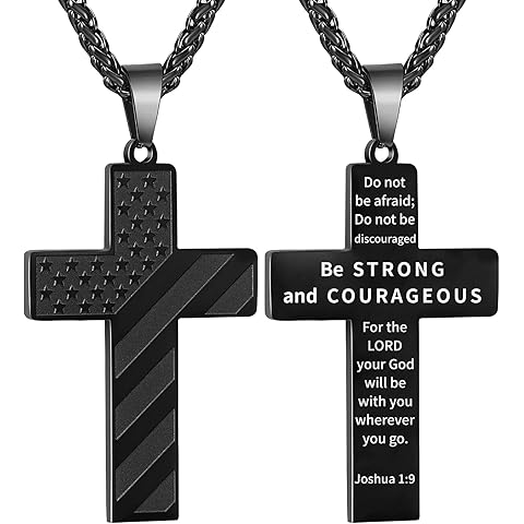 DuoDiner Stocking Stuffers Christmas Gift-18+2 Inch Cross Necklace Bible Verse Stainless Steel American Flag Pendant Chain for Men Boys Cross Jewelry Gift