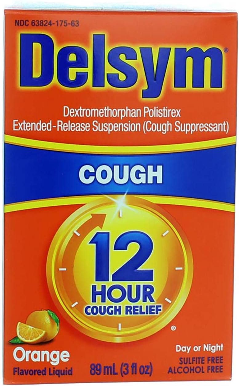 Delsym 12 Hour Cough Relief Liquid- Day Or Night, Orange Flavor with Dextromethorphan Helps Quiet Cough Medicine by Suppressing Cough Reflex, 3 oz. (Pack of 2)