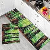 2 Stück Küchenmatte Waschbar rutschfest Küchenmatte,Tree Woodland, Redwood Trees Nordwestlicher Regenwald Tropisch Szenisch Wil,Teppiche Mit Staubdicht Für Küche Wohnzimmer, Esszimmer (45x70+45x120cm)