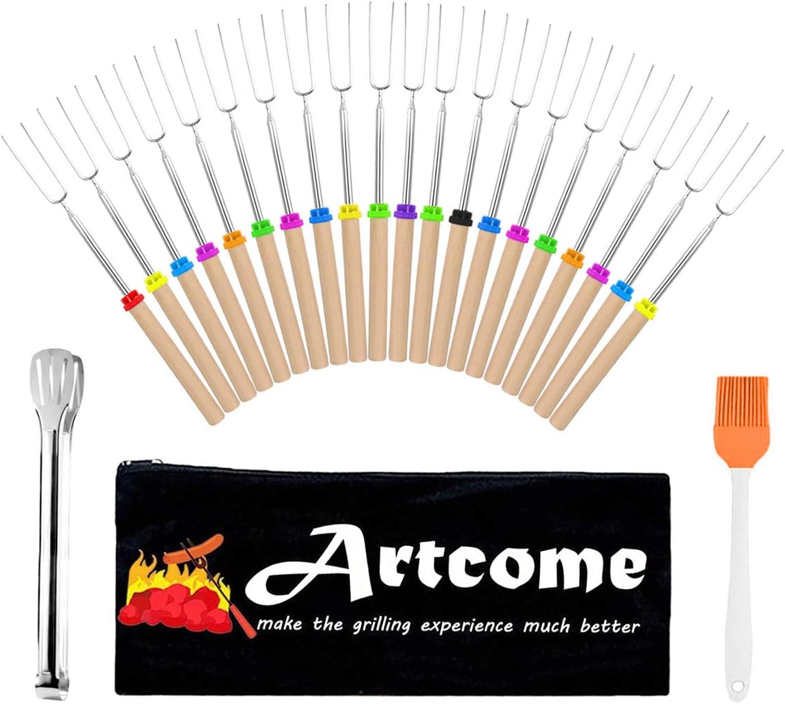 Artcome 20 Pack 32 Inch Marshmallow Roasting Sticks Stainless Steel Smores Skewers & Hot Dog Forks Kids Camping Campfire Fire Pit Accessories with Silicone Brush