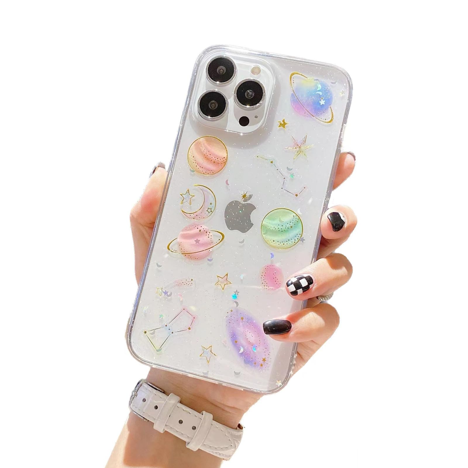 Yzniyzcefor iPhone 15 Clear Case, Cute Cases with Design Sparkle Stars Moon Bling Glitter Planet Aesthetic Soft Silicone Shockproof Cover Women Girls for iPhone 15 6.1'', Space